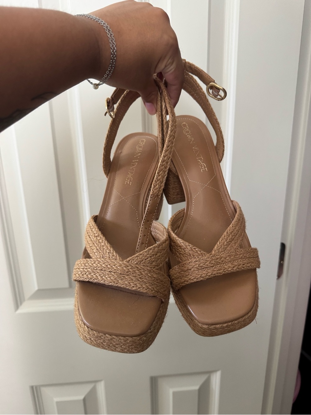 Crown Braided Tan Platform Sandals with Ankle Strap